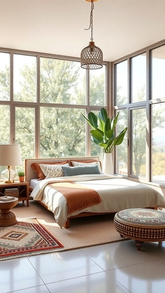 A bright Moroccan bedroom with large windows, a cozy bed, and a plant.