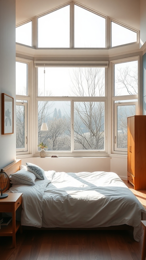 A bright and airy bedroom with large windows allowing natural light to fill the space.