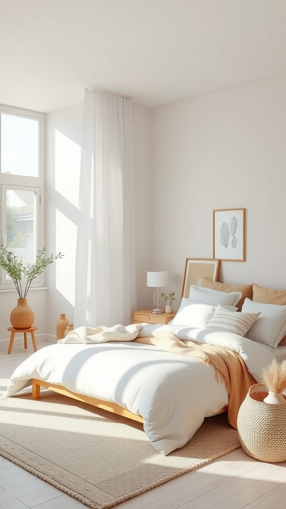 A minimalistic summer bedroom with natural light, soft colors, and simple decor.