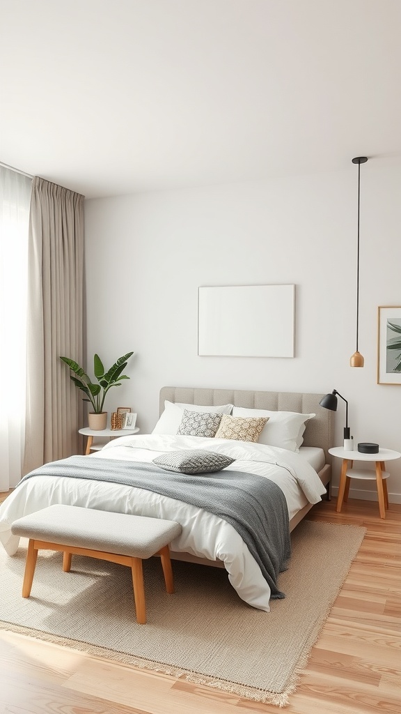 A cozy modern guest bedroom with a bed, a bench, and a plant, showcasing an open space design.
