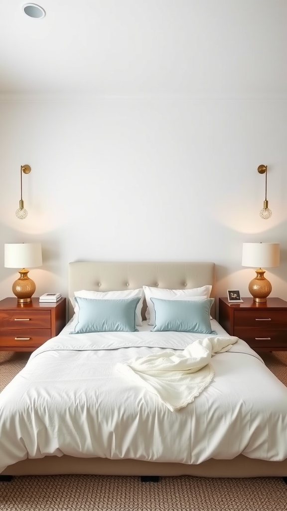 Symmetrical bedroom layout with nightstands and lamps