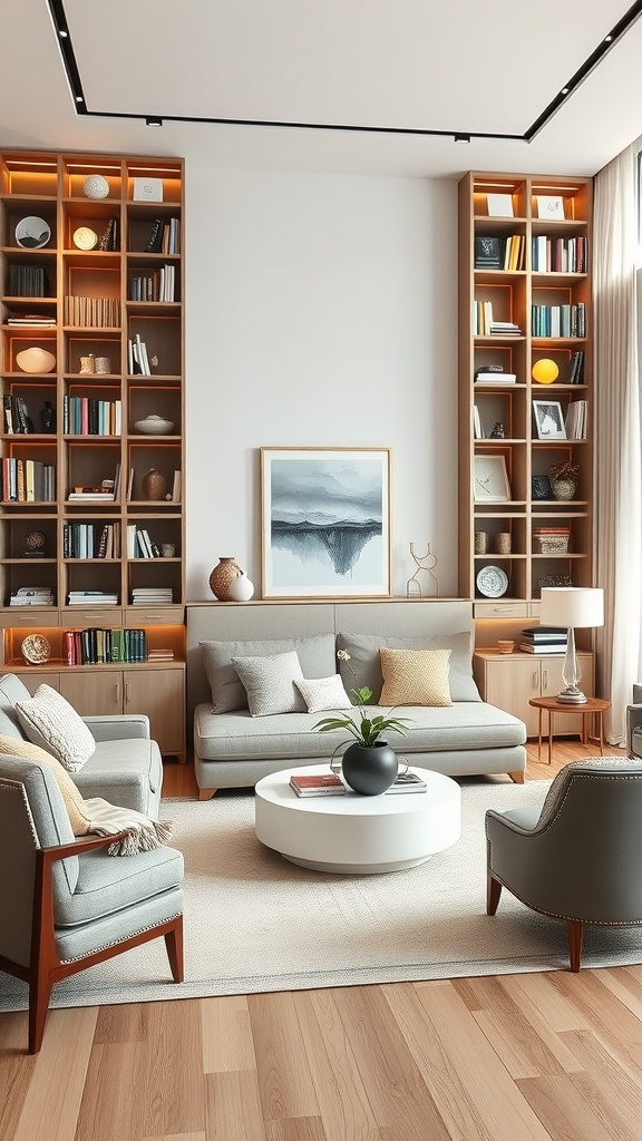 A stylish living room featuring tall bookshelves, a comfortable sofa, and modern decor.
