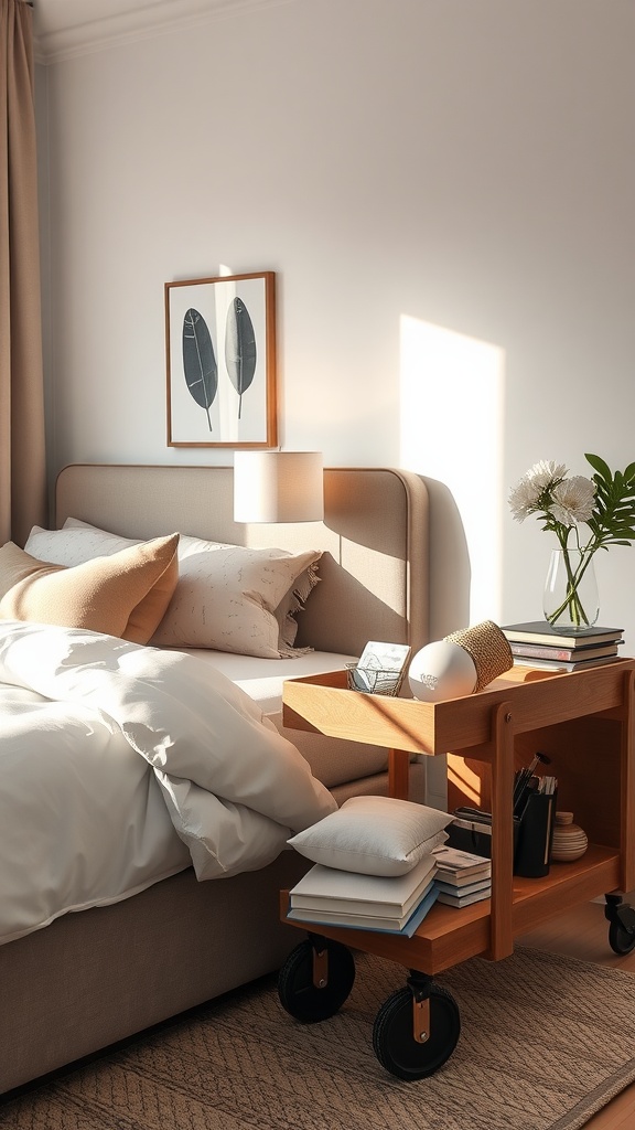 A cozy bedroom featuring a wooden bedside cart with books and decor next to a bed.