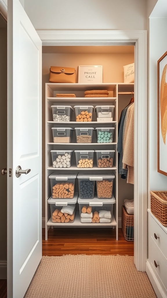A well-organized closet featuring clear storage bins on shelves, showcasing various items neatly arranged.