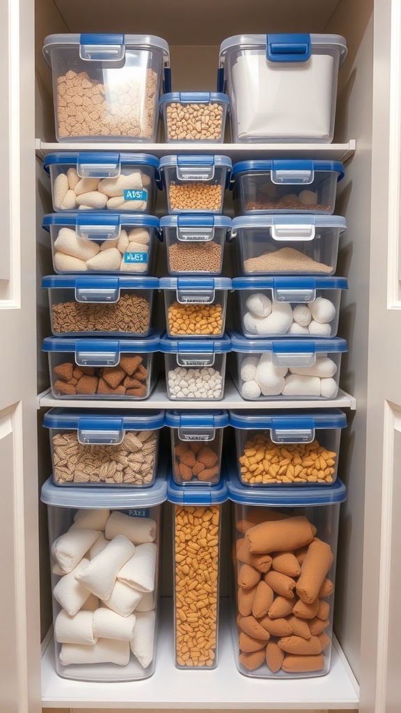 A neatly organized closet with stacked clear storage containers