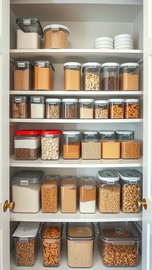 An organized pantry with clear storage containers