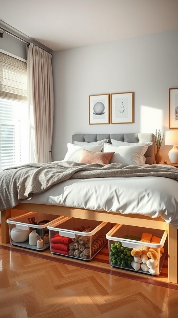 A neatly organized bedroom with a bed and clear storage containers underneath, showing colorful towels and toys.