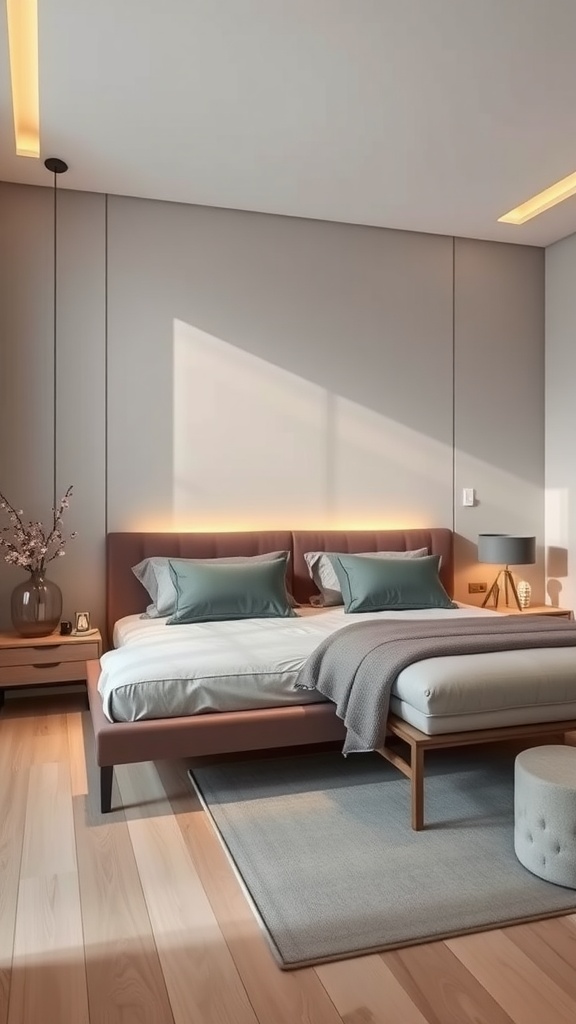 A modern bedroom featuring a floating nightstand beside a stylish bed with decorative pillows.