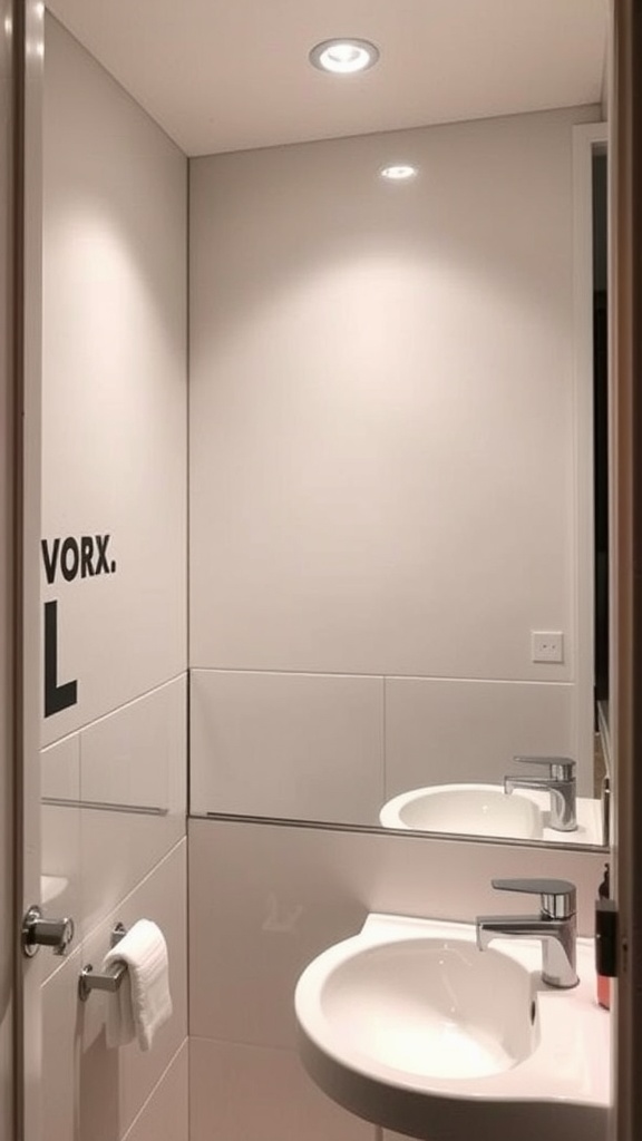 A modern bathroom featuring a large mirror above twin sinks with soft lighting.