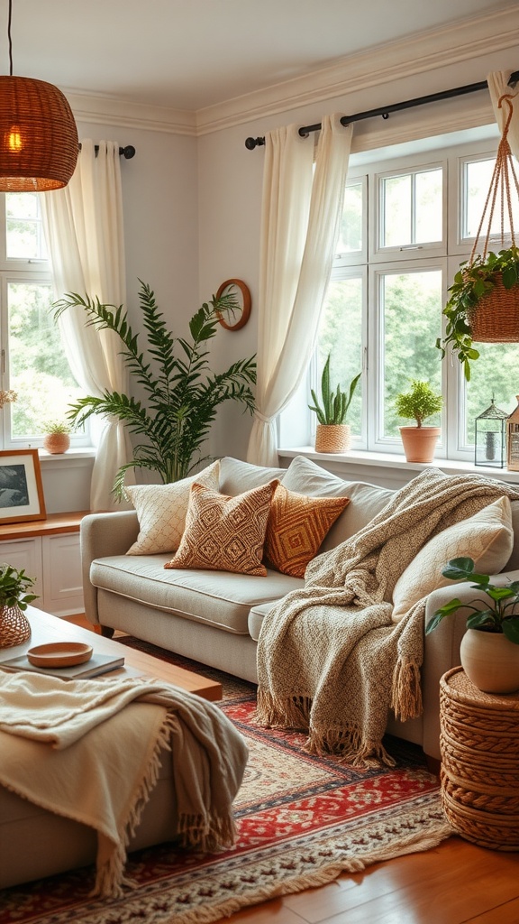 A cozy family room with a light-colored sofa, decorative pillows, a textured throw, and a vibrant area rug.