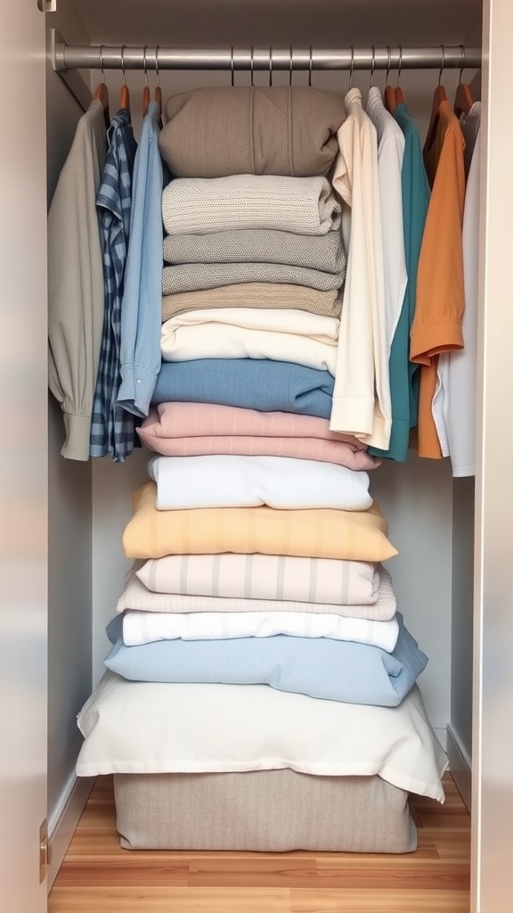 A neatly organized closet with folded clothes stacked vertically and shirts hanging above.