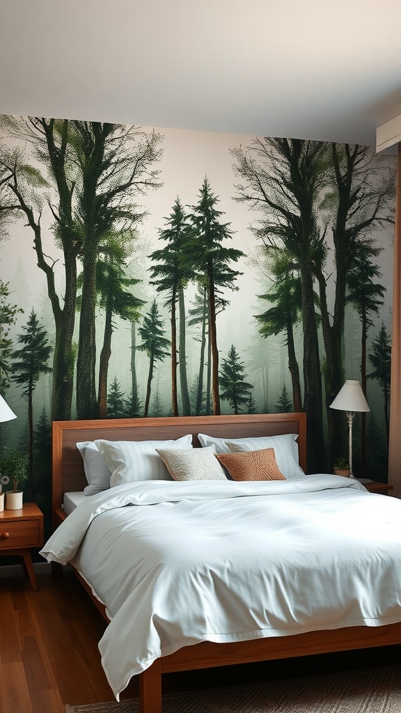 A cozy bedroom with a forest mural, featuring a wooden bed and soft white bedding.