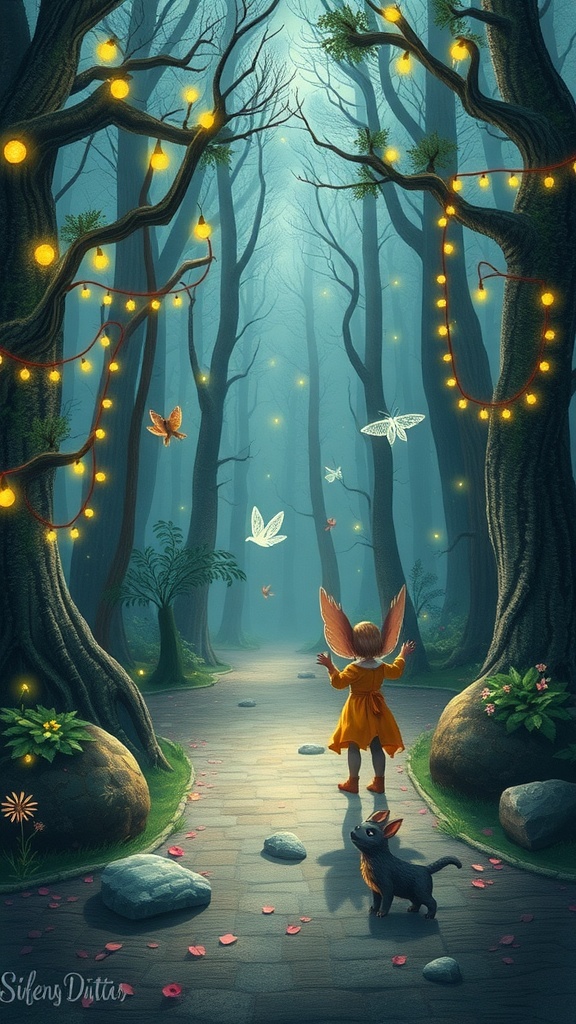 A child in a magical forest with fairy lights and butterflies