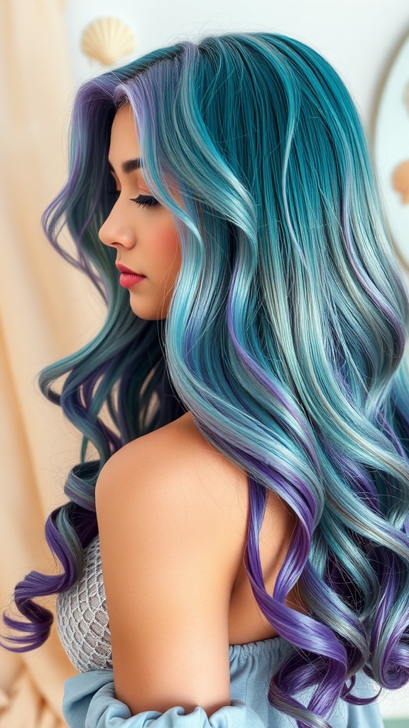 A woman with long, wavy hair in shades of teal and lavender, styled in mermaid waves, showcasing a playful and magical look.