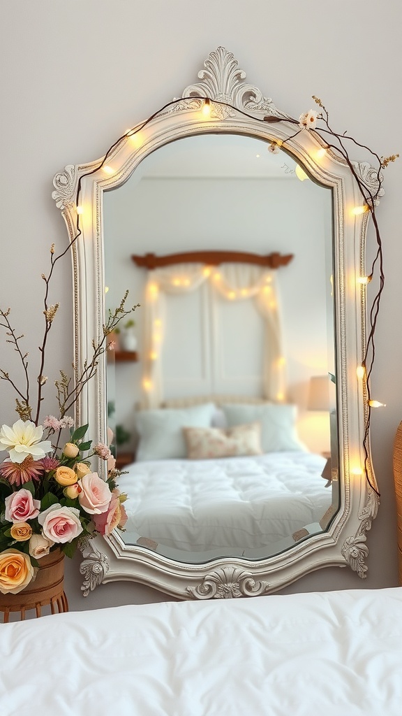 A beautifully framed mirror with fairy lights, branches, and flowers in a cozy bedroom.