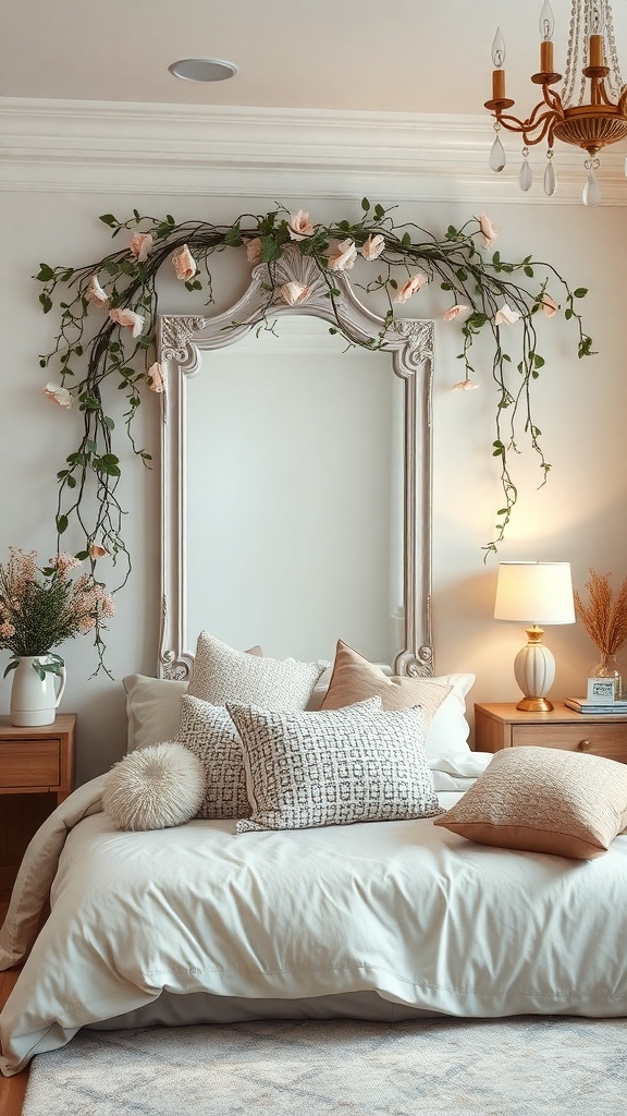 A beautifully framed mirror with flowers and vines above a cozy bed in a fairycore bedroom.