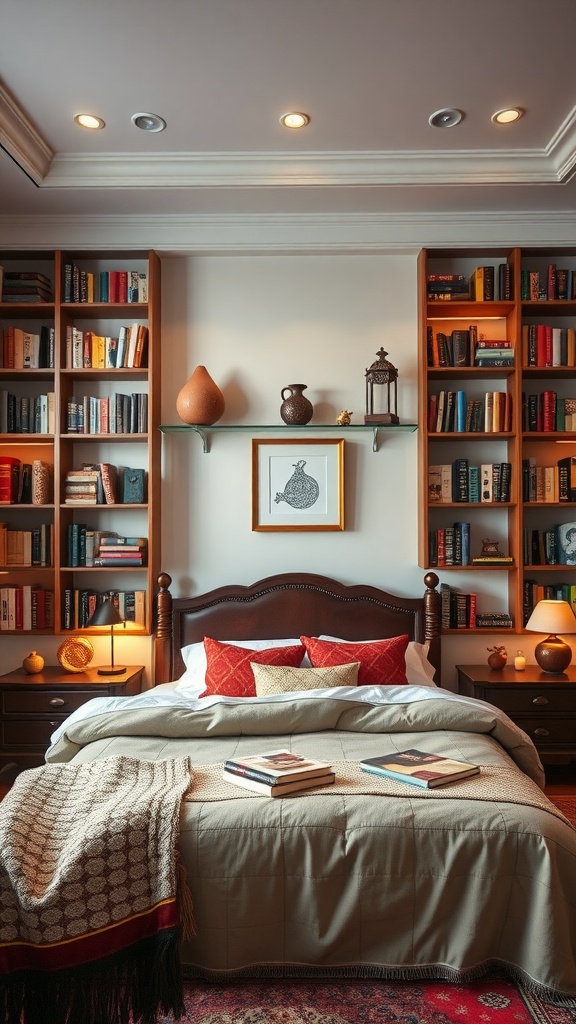 A cozy bedroom with a bookshelf wall filled with books and decorative items, featuring warm lighting.