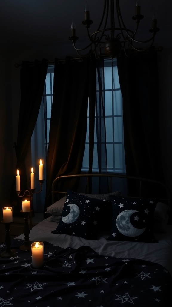 A cozy witch-themed bedroom with dark curtains, starry bedding, moon-themed pillows, and candles