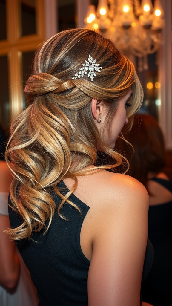 A woman with side-swept hair styled in soft waves, adorned with a sparkling hairpiece.