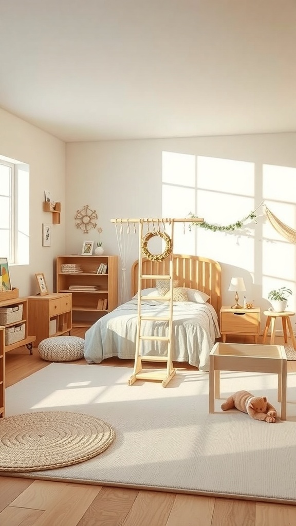 A bright and airy toddler bedroom featuring a wooden climbing frame, soft rug, and low furniture, designed to encourage climbing and movement.
