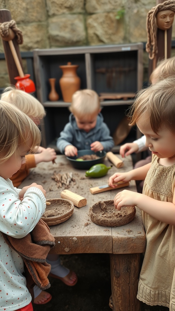 Children playing in a mud kitchen, mixing and creating with natural materials.