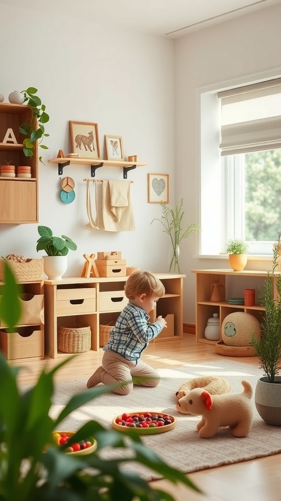 A cozy Montessori toddler room with a child kneeling on a rug playing with colorful toys.