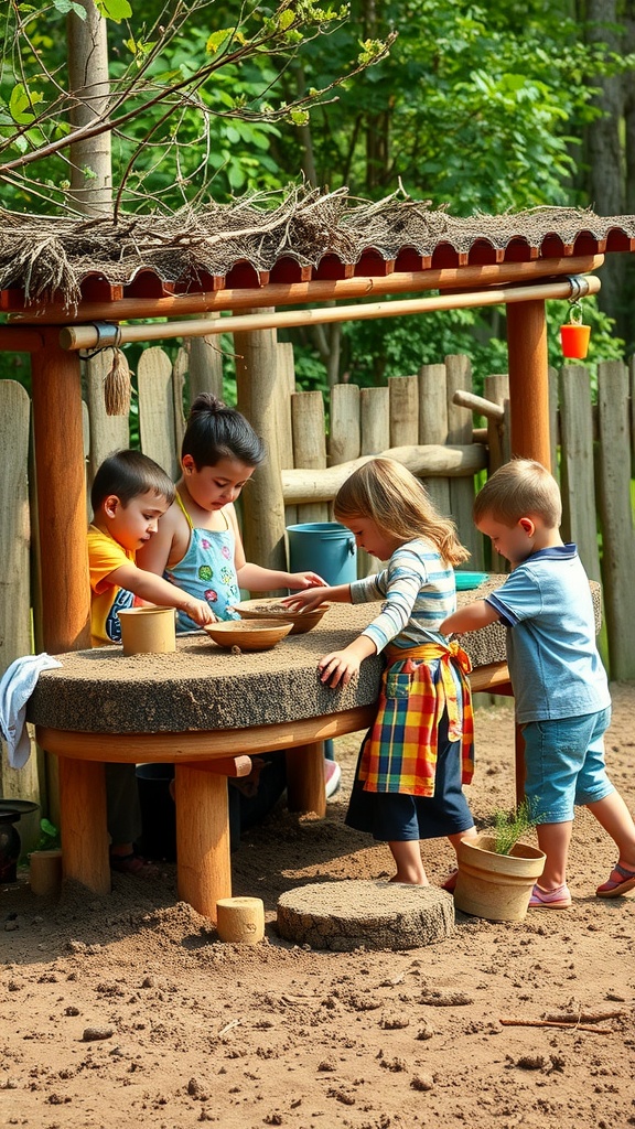 Children playing at a mud kitchen outdoors, engaging in creative play with pots and natural materials.