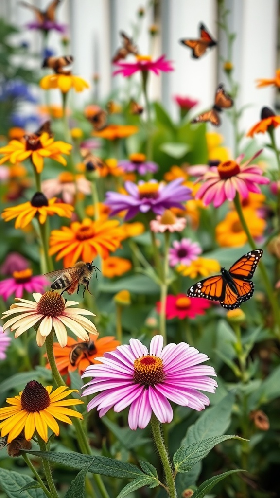 A colorful garden filled with various flowers and butterflies, highlighting a butterfly nursery.