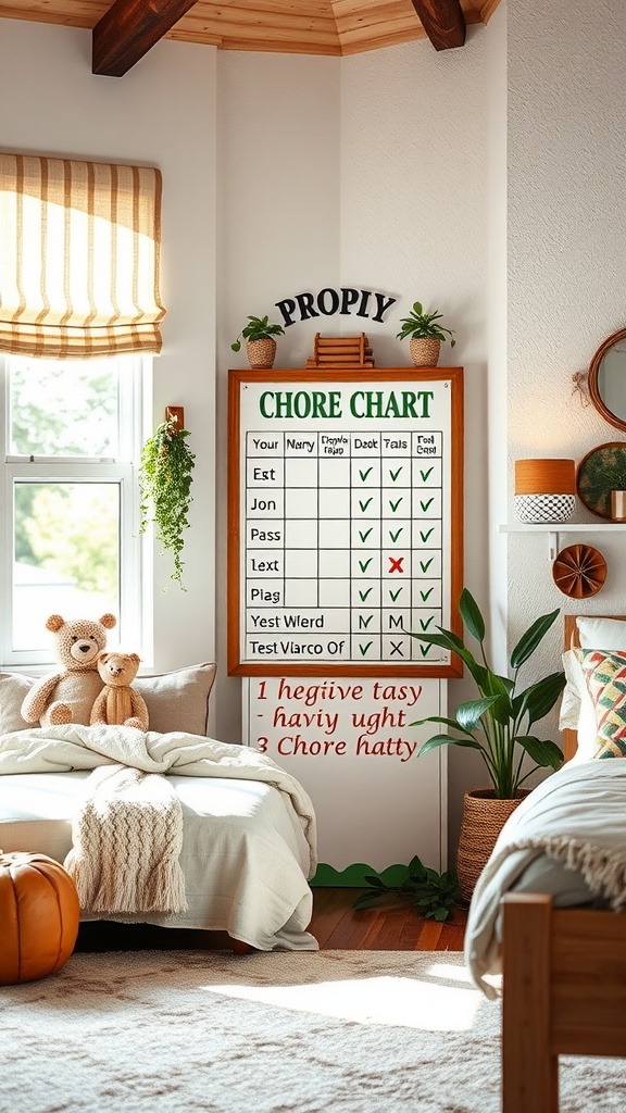 Chore chart in a cozy shared kids' bedroom.