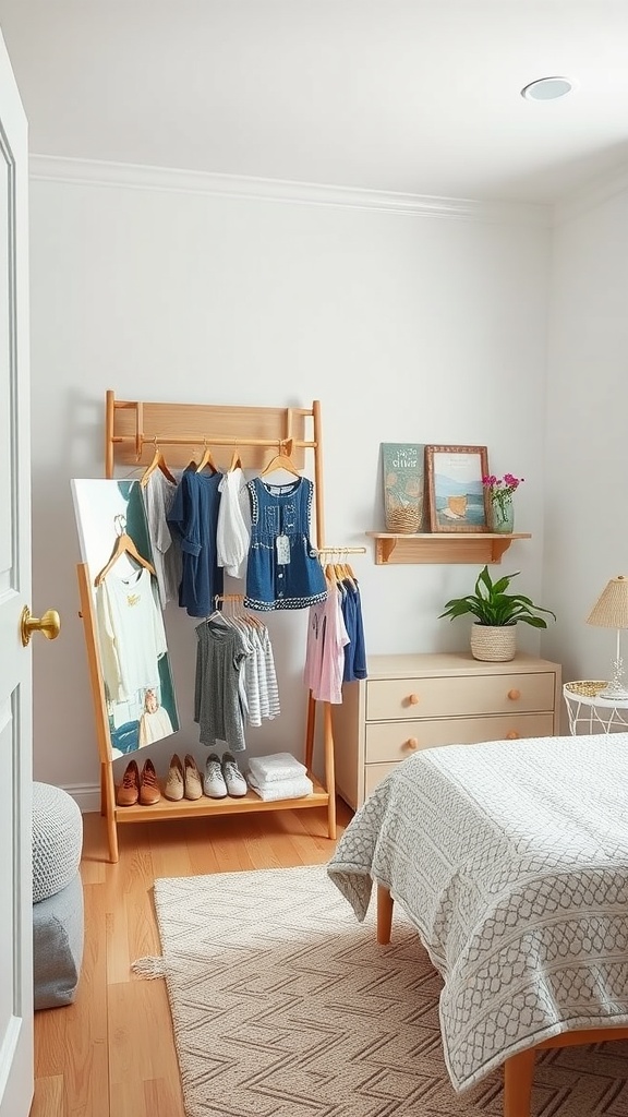 A toddler's bedroom featuring a clothing rack with outfits, a mirror, and a cozy decor setting.