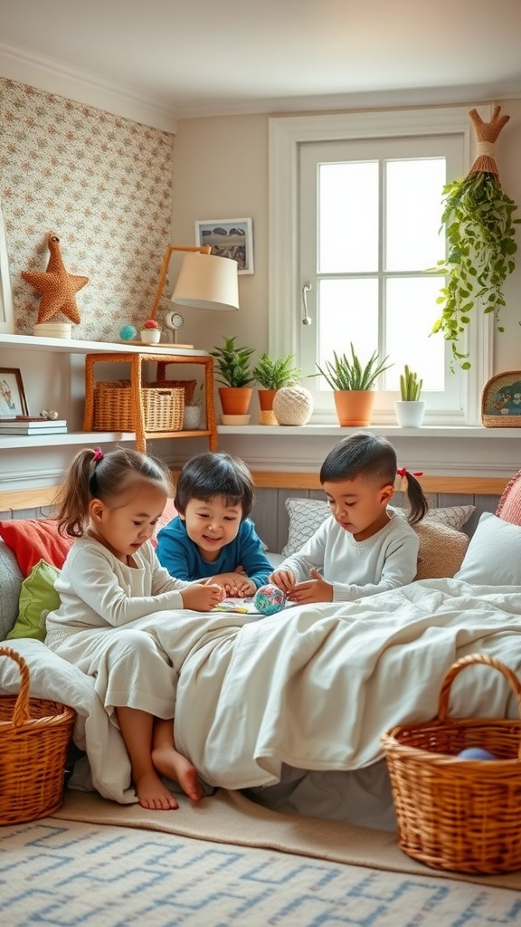 Three children sitting on a bed in a shared bedroom, engaged in a creative activity together.