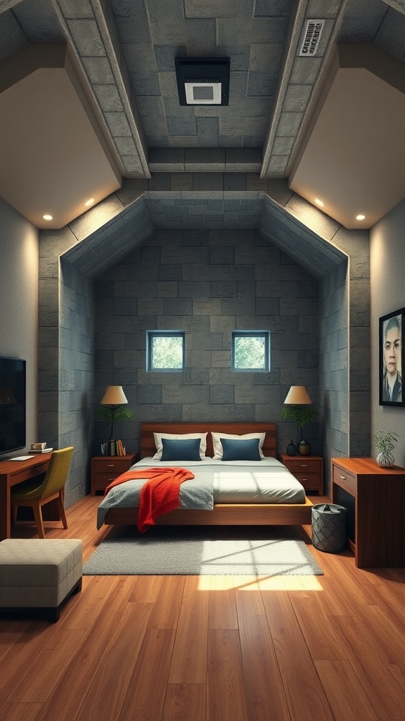 A Minecraft-inspired bedroom with stone walls, a cozy bed, and wooden furniture.