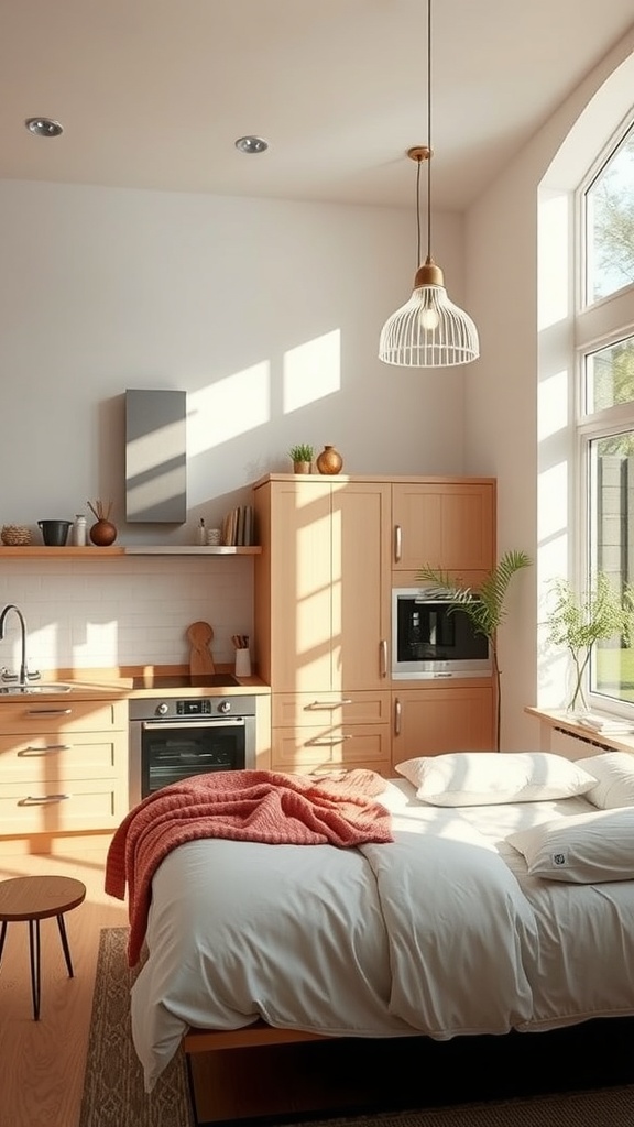 A bright kitchen with natural light, featuring a pendant light and plants.