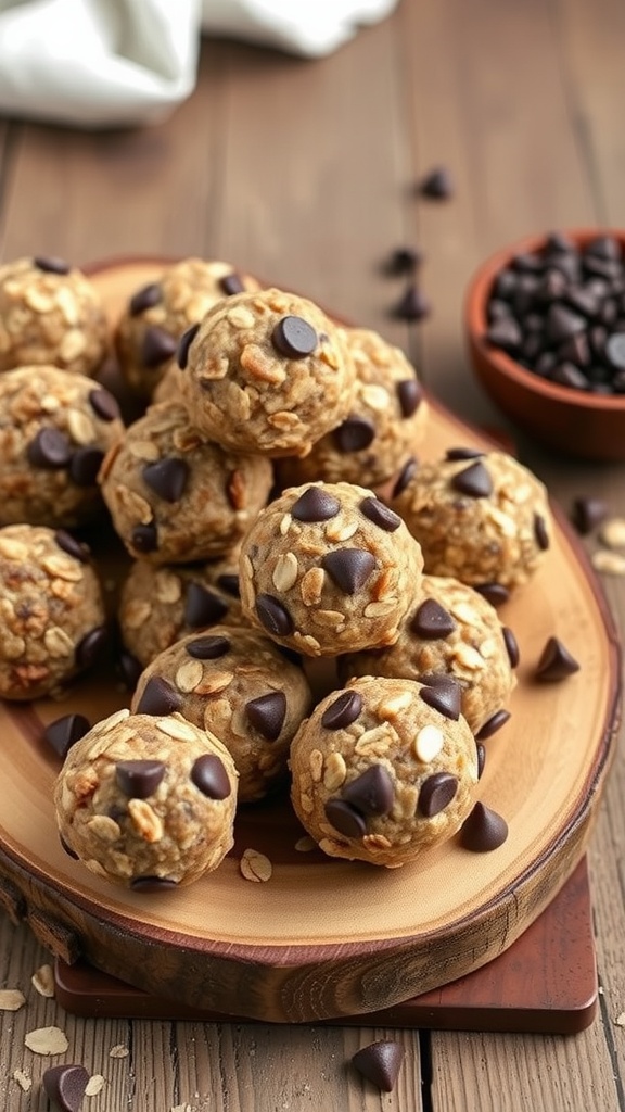 A plate of energy bites made with oats and chocolate chips, surrounded by scattered chocolate chips on a wooden surface.