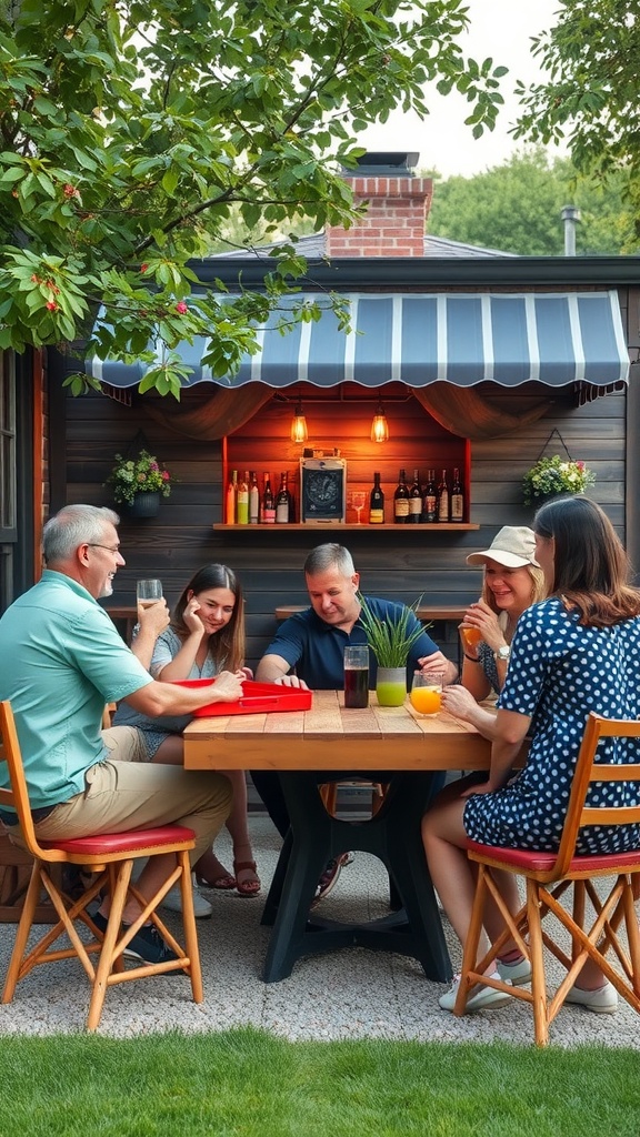 A group of friends enjoying drinks and games at a backyard bar with a cozy atmosphere
