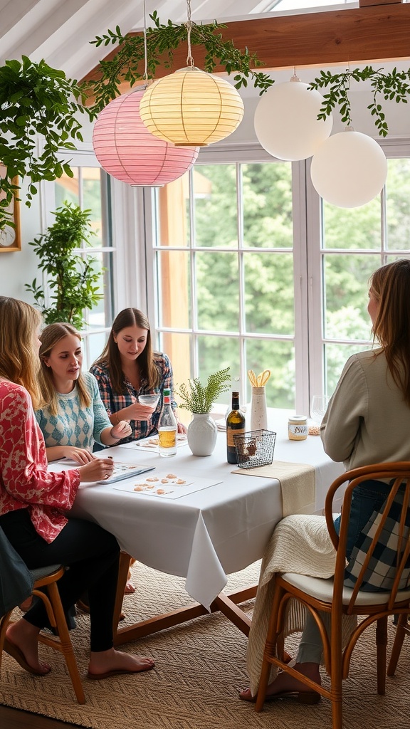 A cozy summer baby shower setting with friends playing games around a table, decorated with lanterns and greenery.