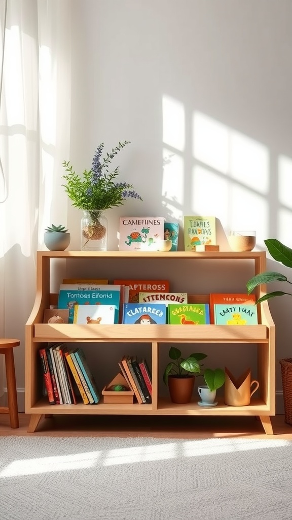 A wooden bookshelf filled with colorful children's books and decorative plants, designed for a Montessori toddler room.