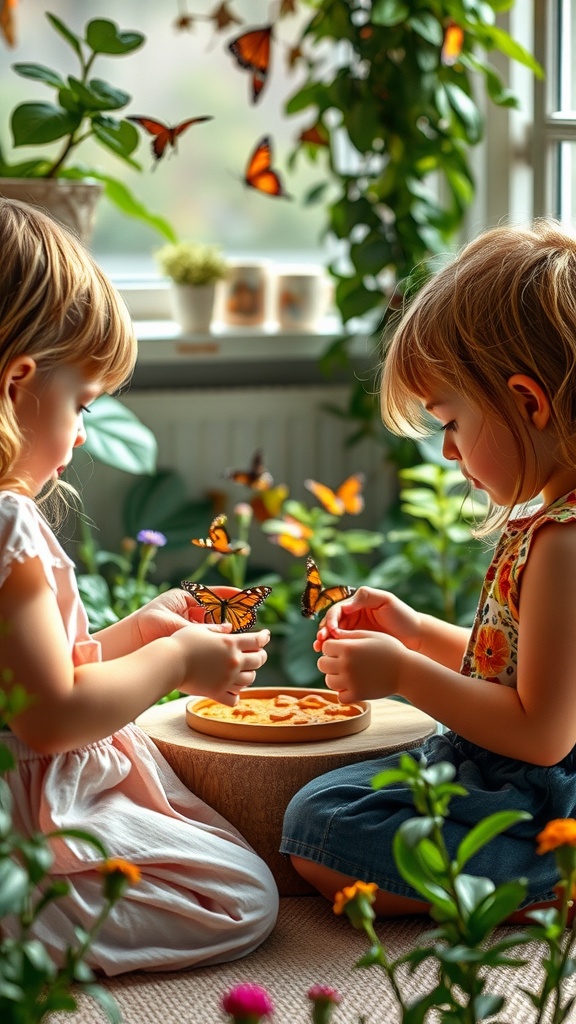 Two children interacting with butterflies in a lush, green environment.