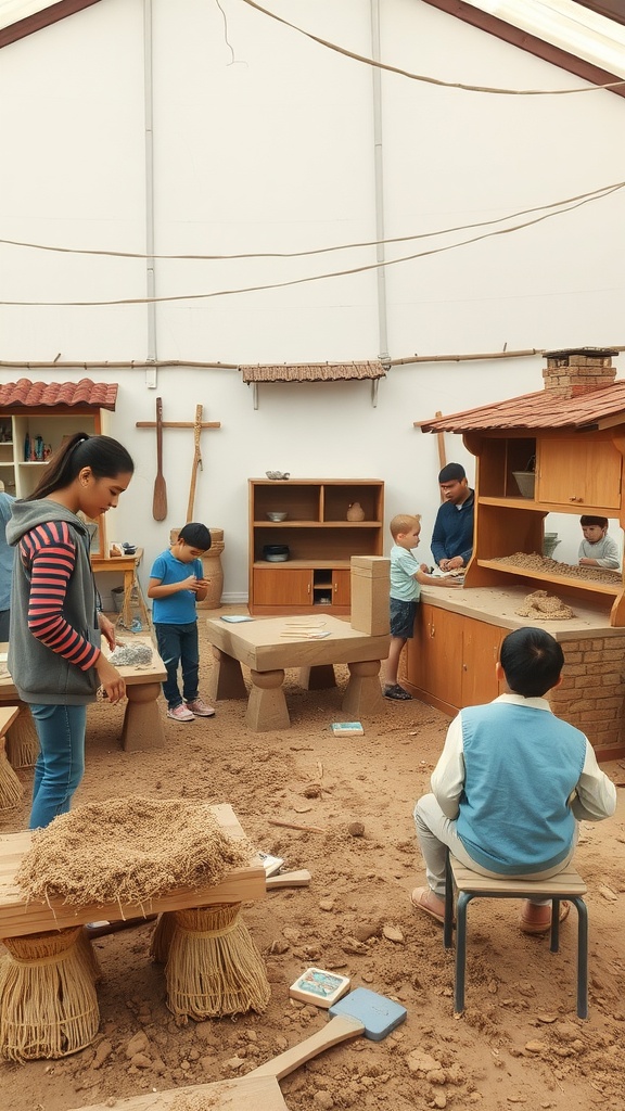 A community workshop where children and adults are engaged in making a mud kitchen, surrounded by natural materials and tools.