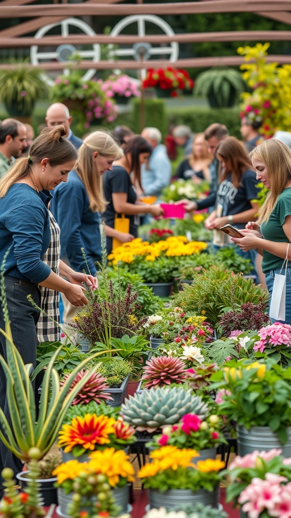 A vibrant plant swap event with people exchanging various plants and flowers.