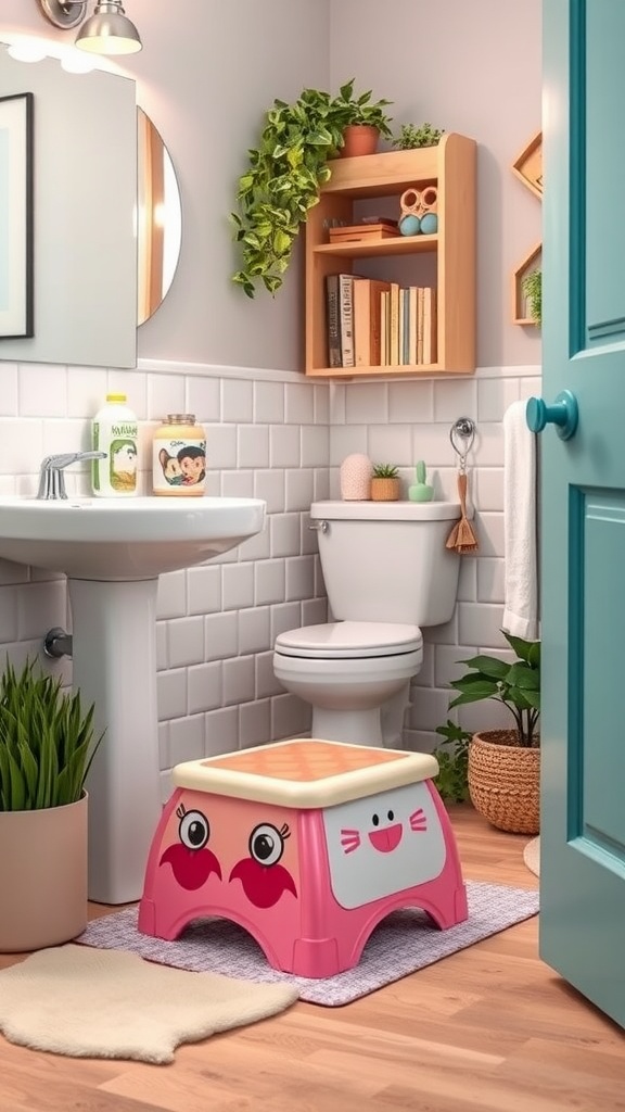 Colorful step stool with a friendly face in a kids' bathroom