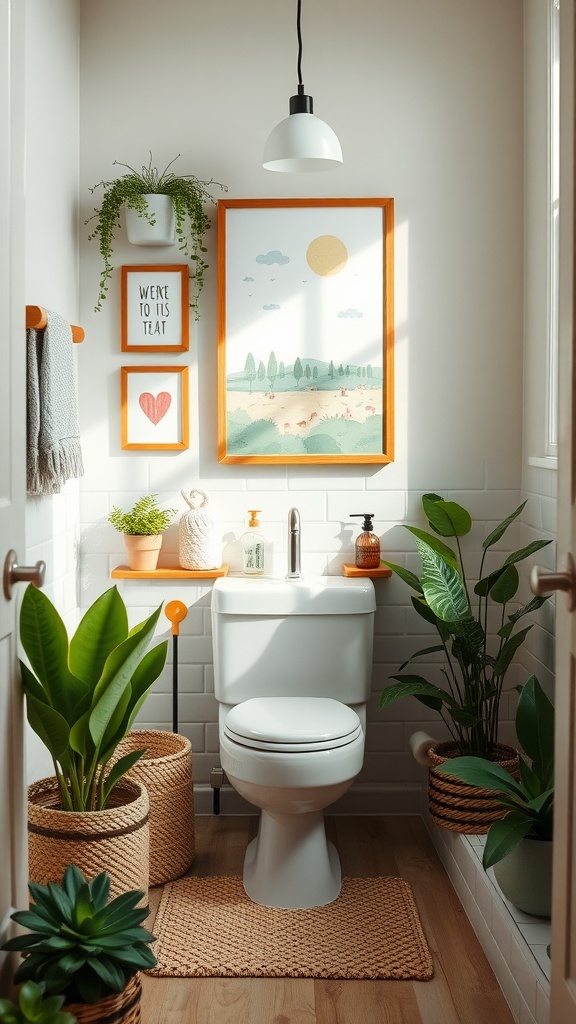 Colorful wall art in a kids bathroom with plants and a cheerful design.