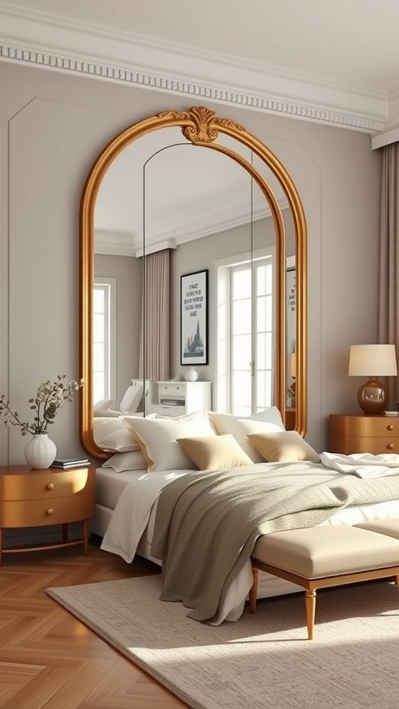 A beautifully decorated bedroom featuring a large gold-framed mirror, soft bedding, and warm tones.