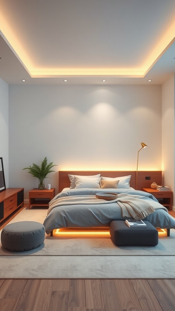 A modern bedroom featuring stylish furniture, warm lighting, and a cozy atmosphere.