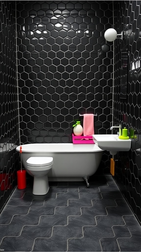 Stylish bathroom featuring black hexagon tile floor and colorful accessories