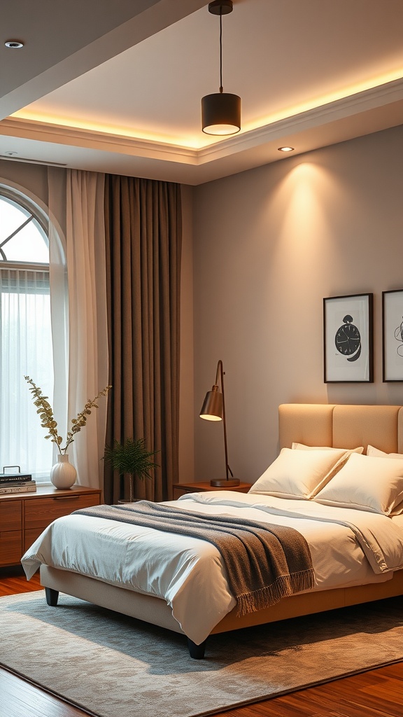 Cozy bedroom featuring modern lighting fixtures and warm decor.