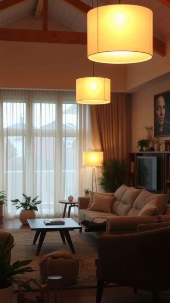 A cozy living room with soft lighting from hanging fixtures and a standing lamp, featuring plants and wooden accents.