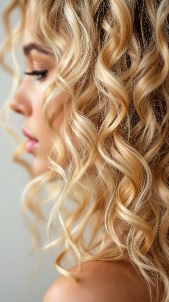 A profile view of a person with curly hair featuring blonde highlights