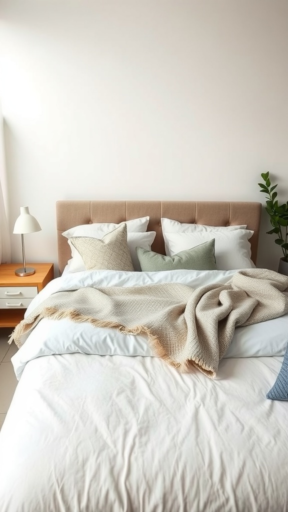A cozy bedroom featuring a soft beige headboard, layered pillows, and a textured throw blanket on a neatly made bed.