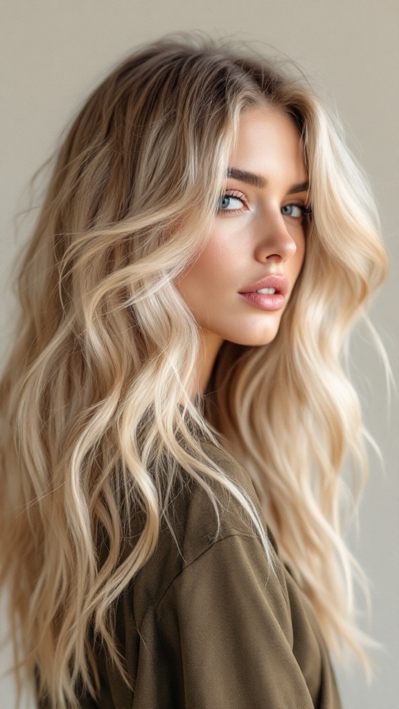 A model with long, wavy dirty blonde hair featuring blonde highlights, looking stylish.